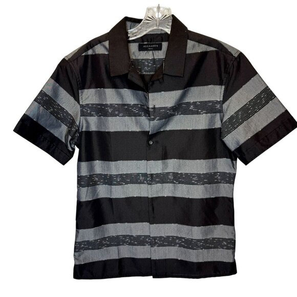 AllSaints Gabon Grey Black Stripe SS Shirt - Size S - Picture 2 of 6